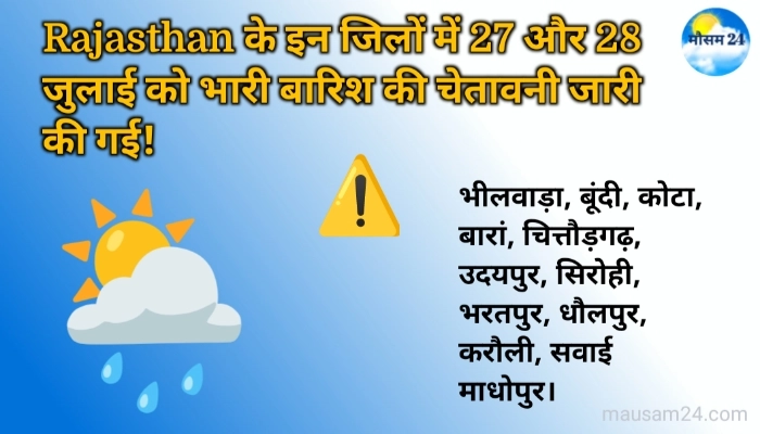 Rajasthan weather Alert: राजस्थान में अत्यधिक भारी बारिश का अलर्ट, जानें अपने शहर का मौसम 4 27 और 28 जुलाई का अलर्ट